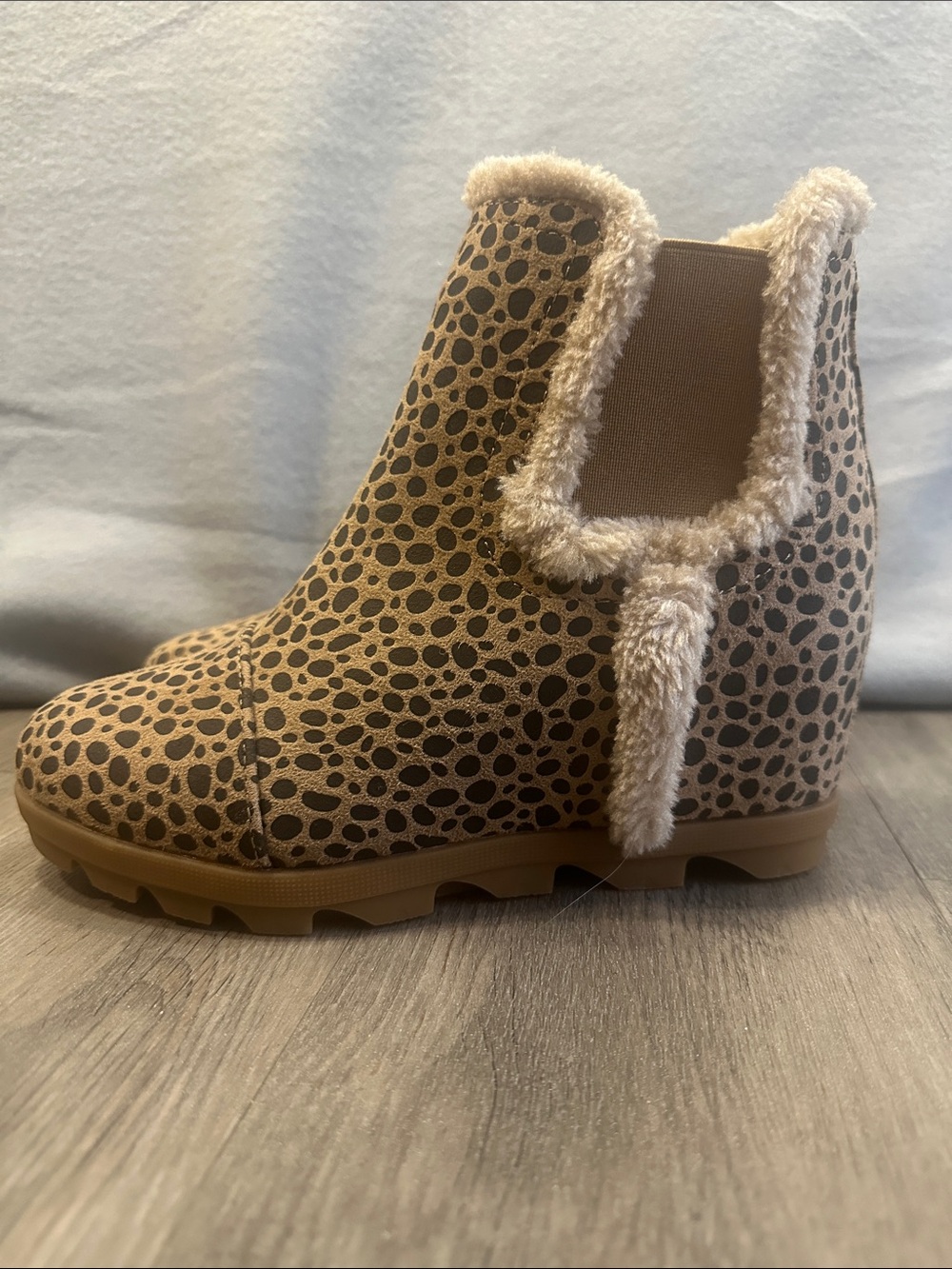 Sugar Leopard Print Wedge Booties in Tan and Black